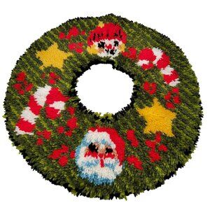 Christmas Latch Hooked Rug Tree Skirt Wreath Santa‎ Candy Canes Design Retro Vtg